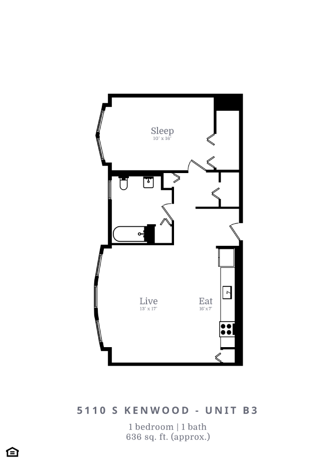 Floor plan for 1 bed, 1 bath, 636 sqft